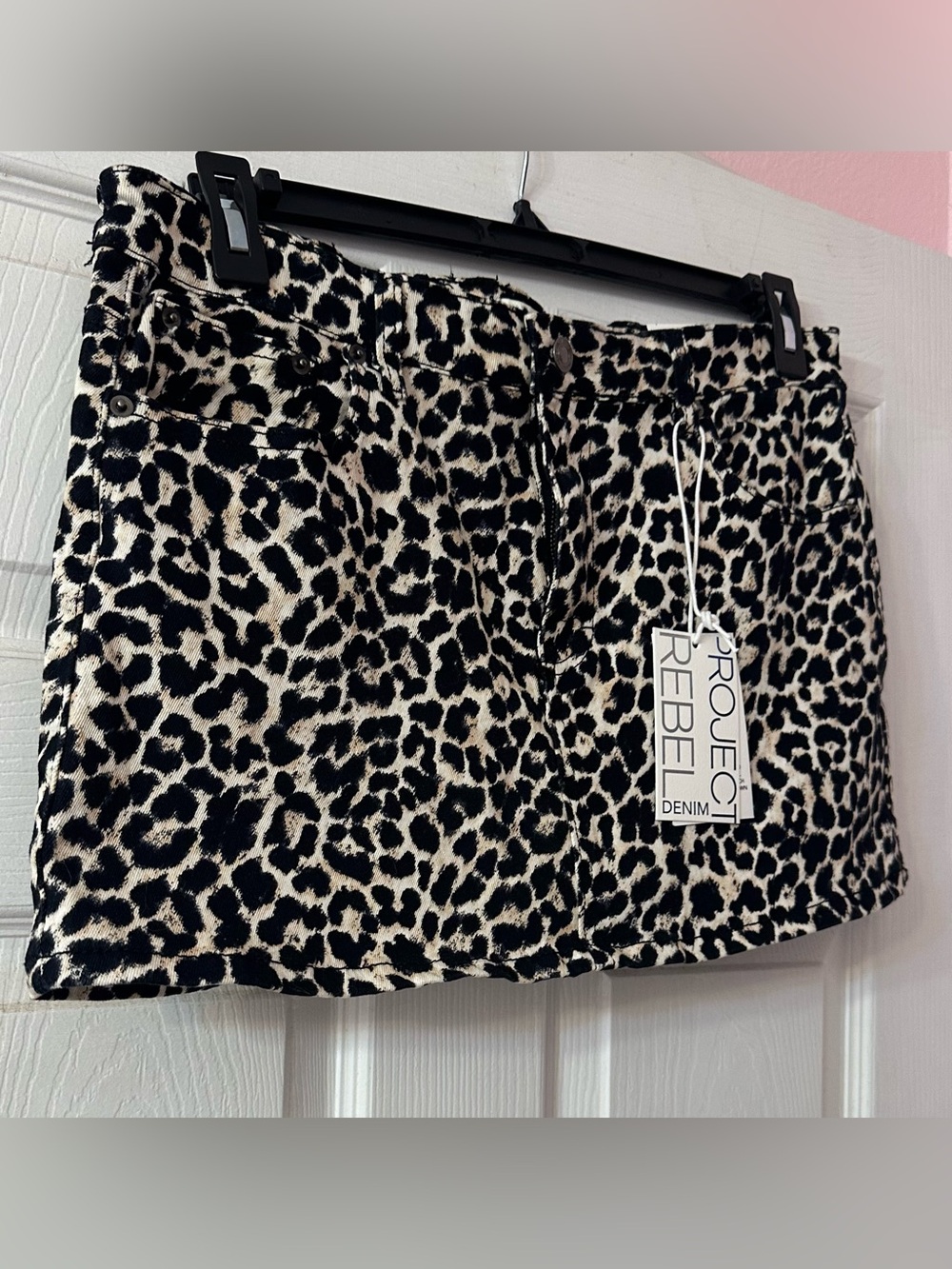 Project Rebel Leopard Print Denim Mini Skirt Size L, Stretch, NWT, Edgy